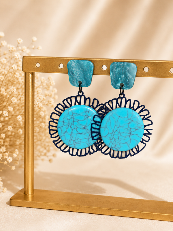 Notiro Oorbellen Aqua Bloom – Turquoise & Donkerblauw | 5 cm