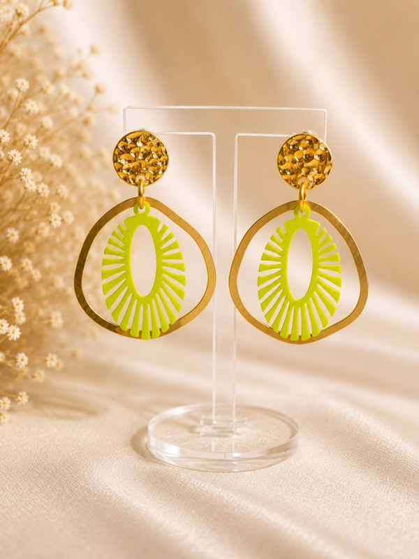 Notiro Statement Oorbellen Fluo Geel & Goud – 5,5 cm