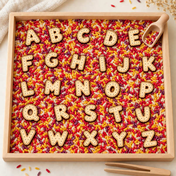 Houten letterkoekjes – alfabet voor sensorisch spel