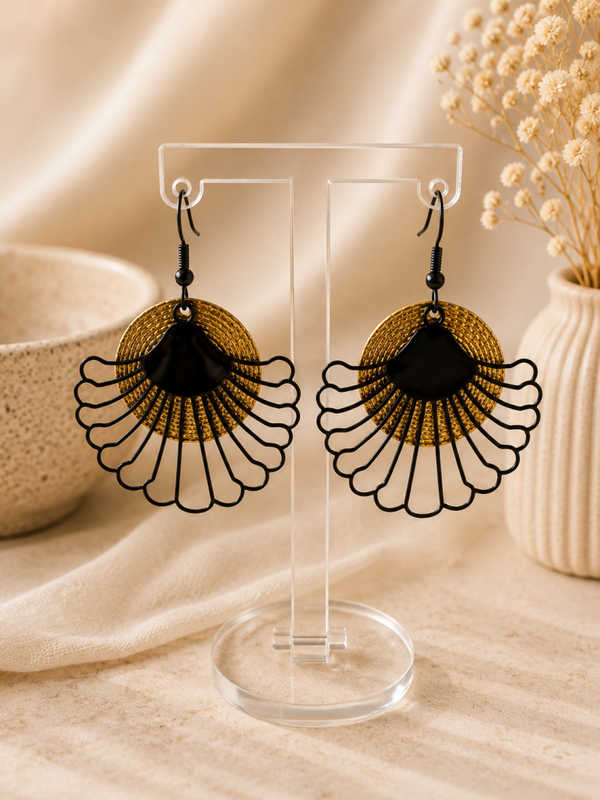 Zwart-Gouden Waaier Oorbellen – 6 cm