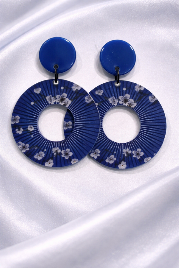 Statement Oorbellen – Blauw met Bloemenprint