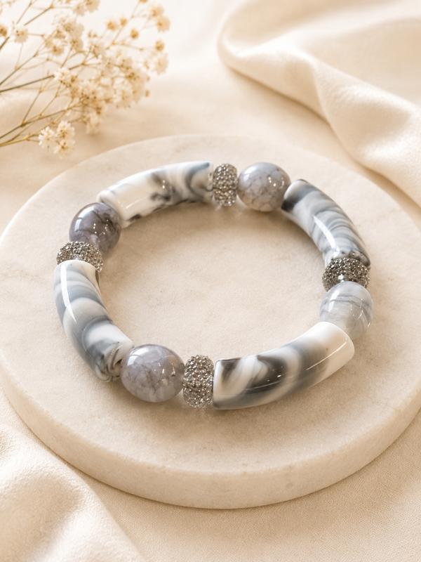 Silver Marble Stretch Armband – Grey Elegance – 18 cm