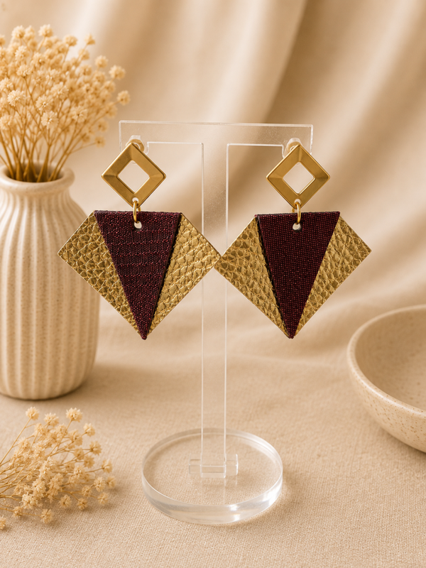Bordeaux & Goud Geometrische Oorbellen