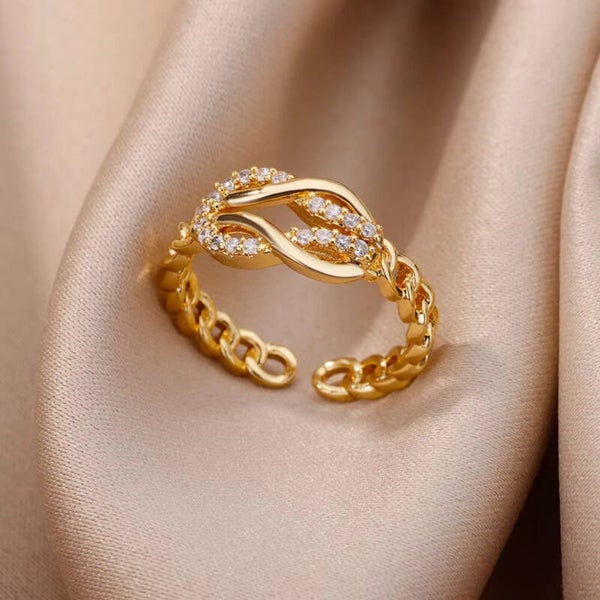 Luxe Spark Chain Ring – 18K Verguld met Zirkonia (Verstelbaar)