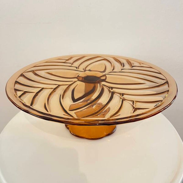 Vintage taartschaal/plateau van oudroze persglas