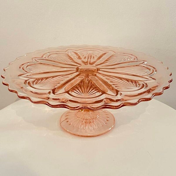 Vintage taartschaal/plateau van roze persglas