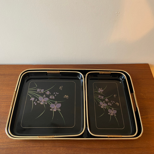 Set van 3 vintage serveerbladen zwart met goudkleurige details