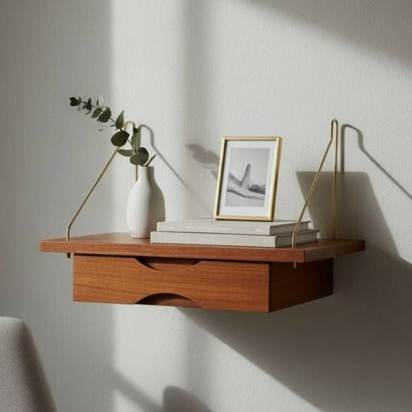 Vintage zwevend hal-/nachtkastje met messing houders