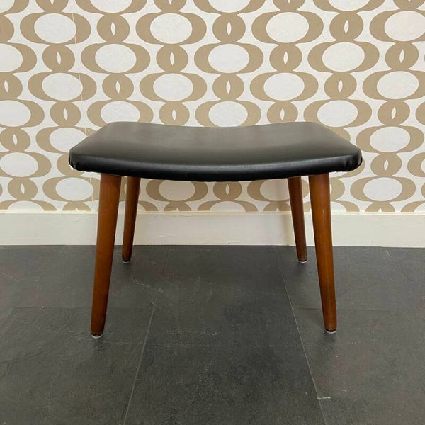 Vintage voetenbankje/krukje met zwarte kunstlederen bekleding