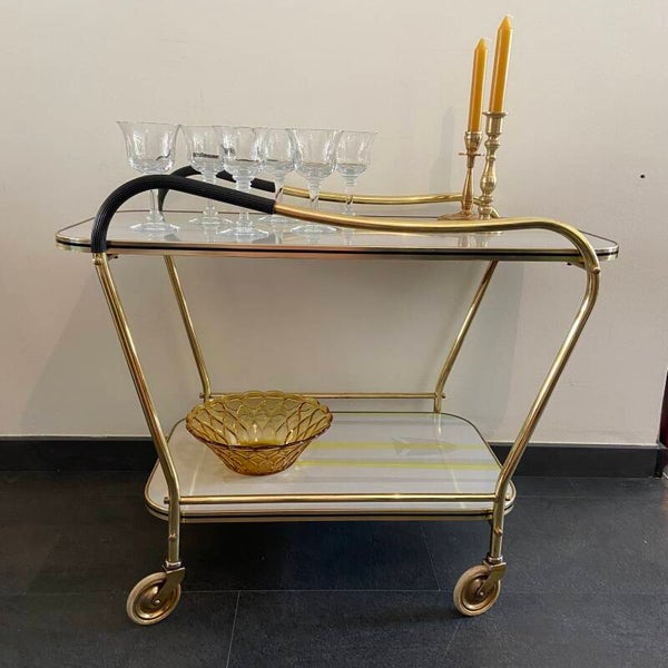 Vintage messing Serveerwagen met bijzondere lichtgrijze bladen