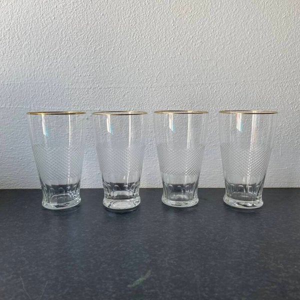 Set van 4 vintage longdrinkglazen met fijnmazig patroon en gouden rand