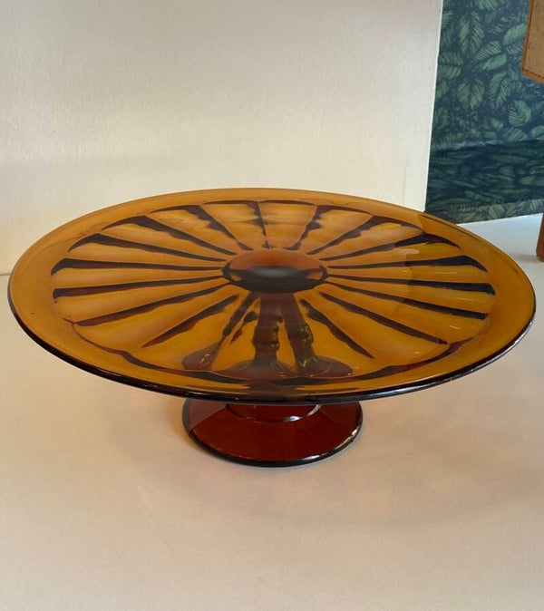 Grote vintage amberkleurige taartschaal van persglas