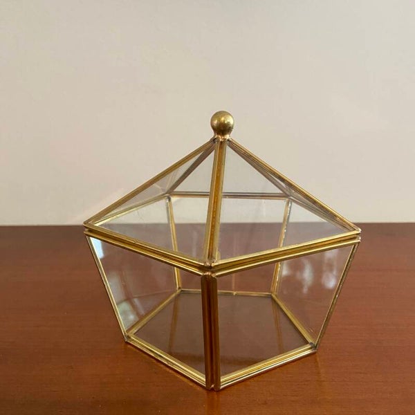 Vintage sieradendoos pentagon van glas en messing