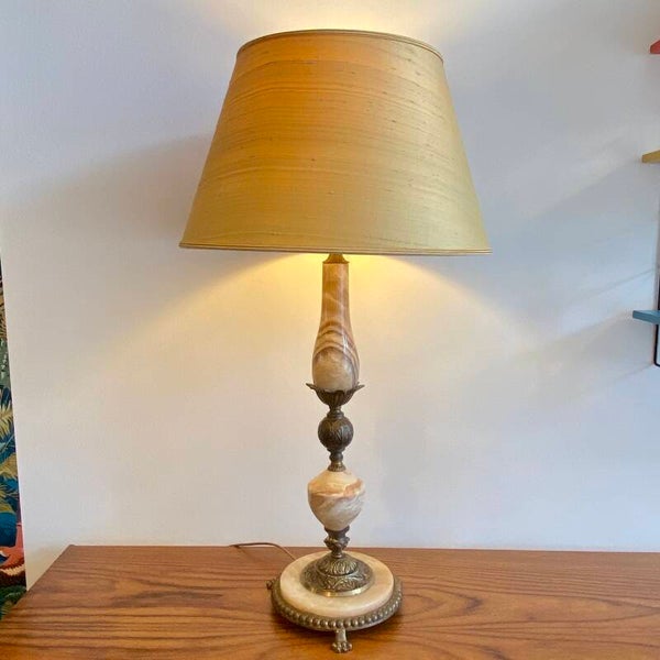 Vintage Tafellamp van Onyx met authentieke kap