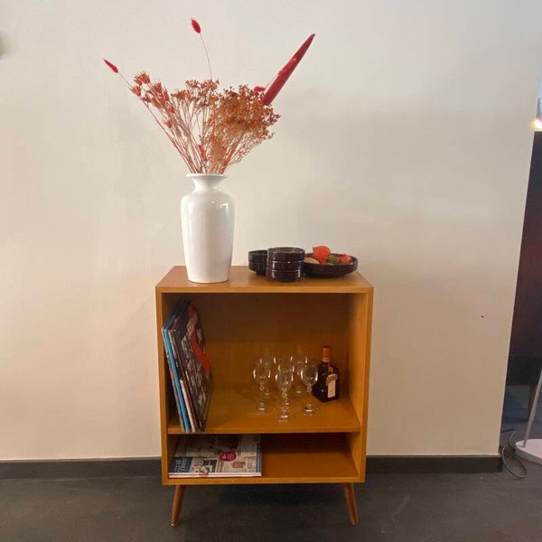 Compacte vintage Deense Platen/Boekenkast van eikenfineer