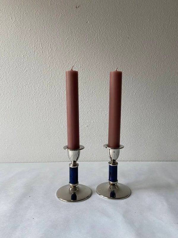 Set van 2 lage zilverkleurige kandelaren met blauw gemarmerd detail