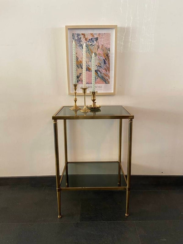 Vintage Franse messing bijzettafel met 2 rookglasplaten