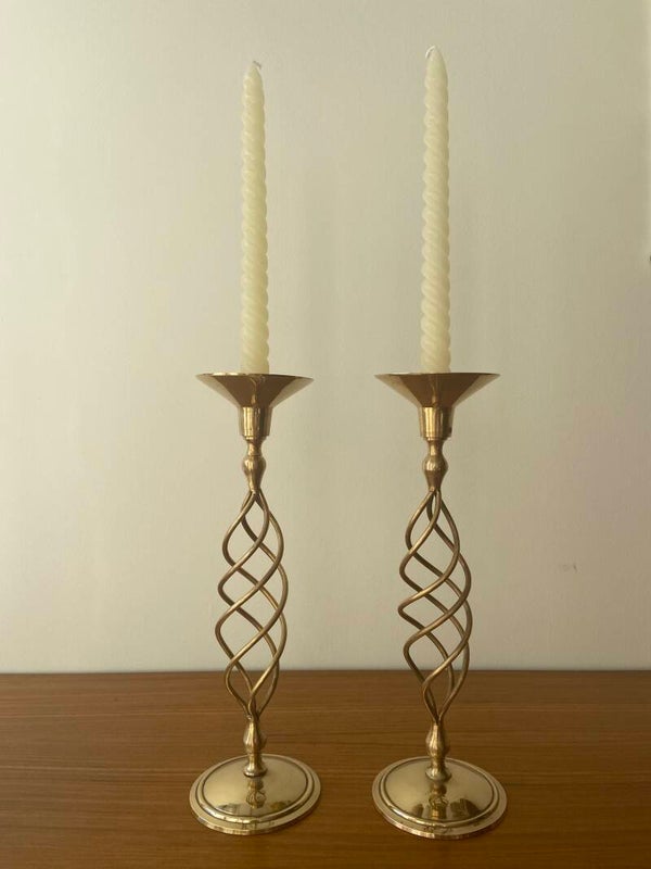 Set vintage Deense Spiraalvormige messing kandelaren