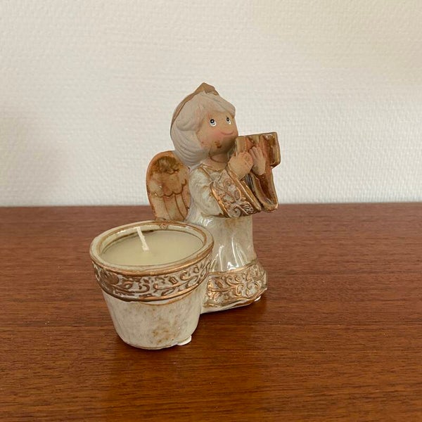 Aardewerk engel in goud/brons tinten met kaars