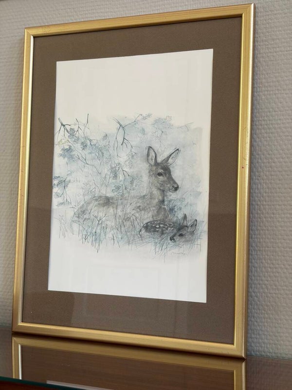 Deense ingelijste aquarel prent van Mads Stage, moederhert met jong