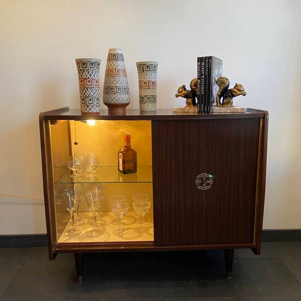 Vintage Frans drankenkastje met glazen deur en verlichting