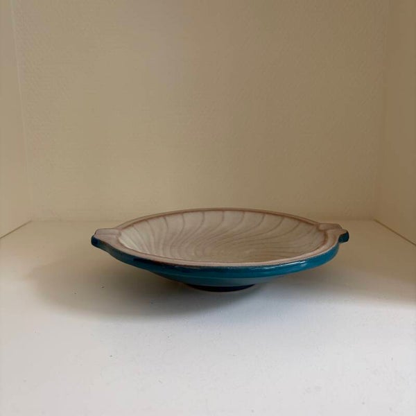 Asbak turquoise keramiek met bewerkte bovenkant, jaren '60