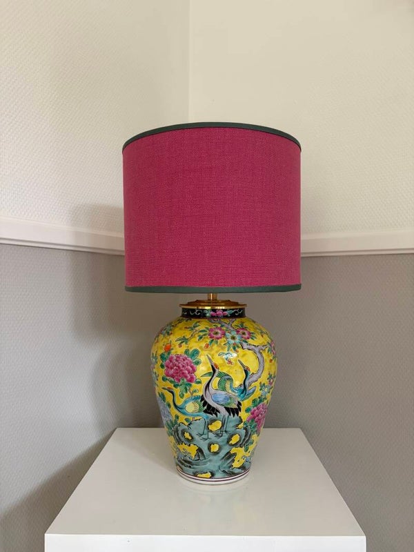 Vintage Japanse lampvoet geel/multicolour met kraanvogels