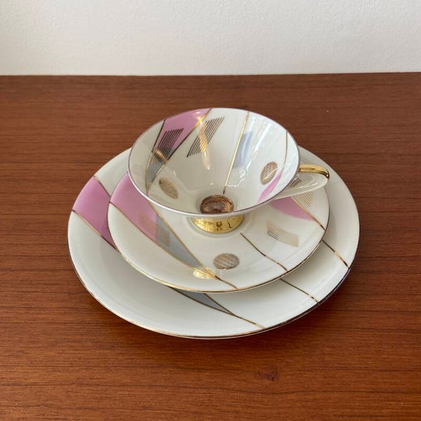 Vintage ontbijtset/sammeltas van Bavaria porselein roze/grijsblauw