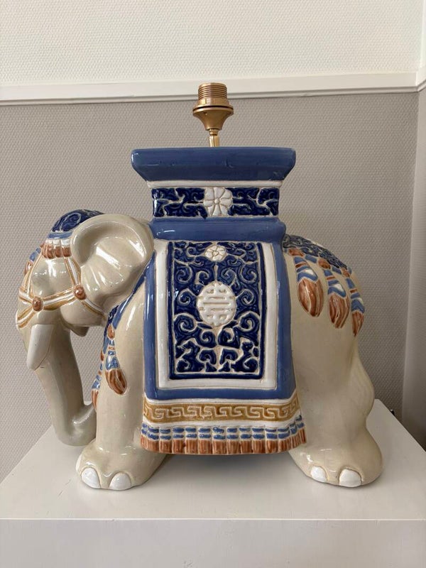 XL Lampvoet Olifant van zand/blauw en karamelkleurig keramiek