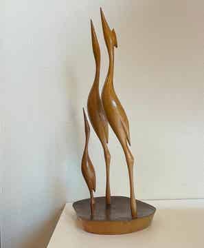 Combinatie van 3 vintage teakhouten vogels op een sokkel