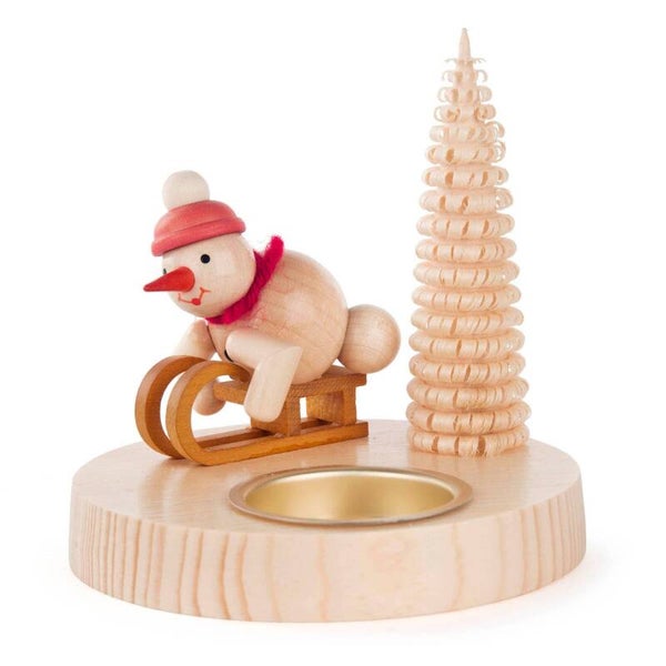 Theelichthouder sneeuwpop liggend op slee, uit het Ertsgebergte