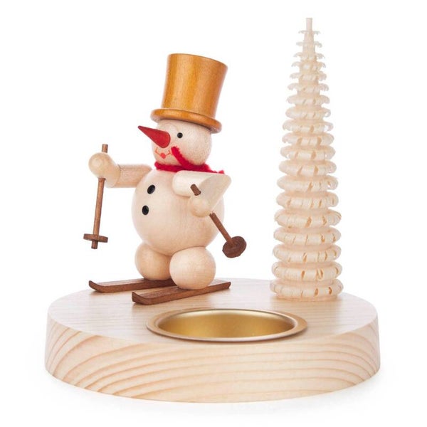 Theelichthouder sneeuwpop op ski's, uit het Ertsgebergte