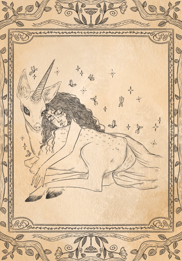 Jeune femme et la biche Poster style vieux papier
