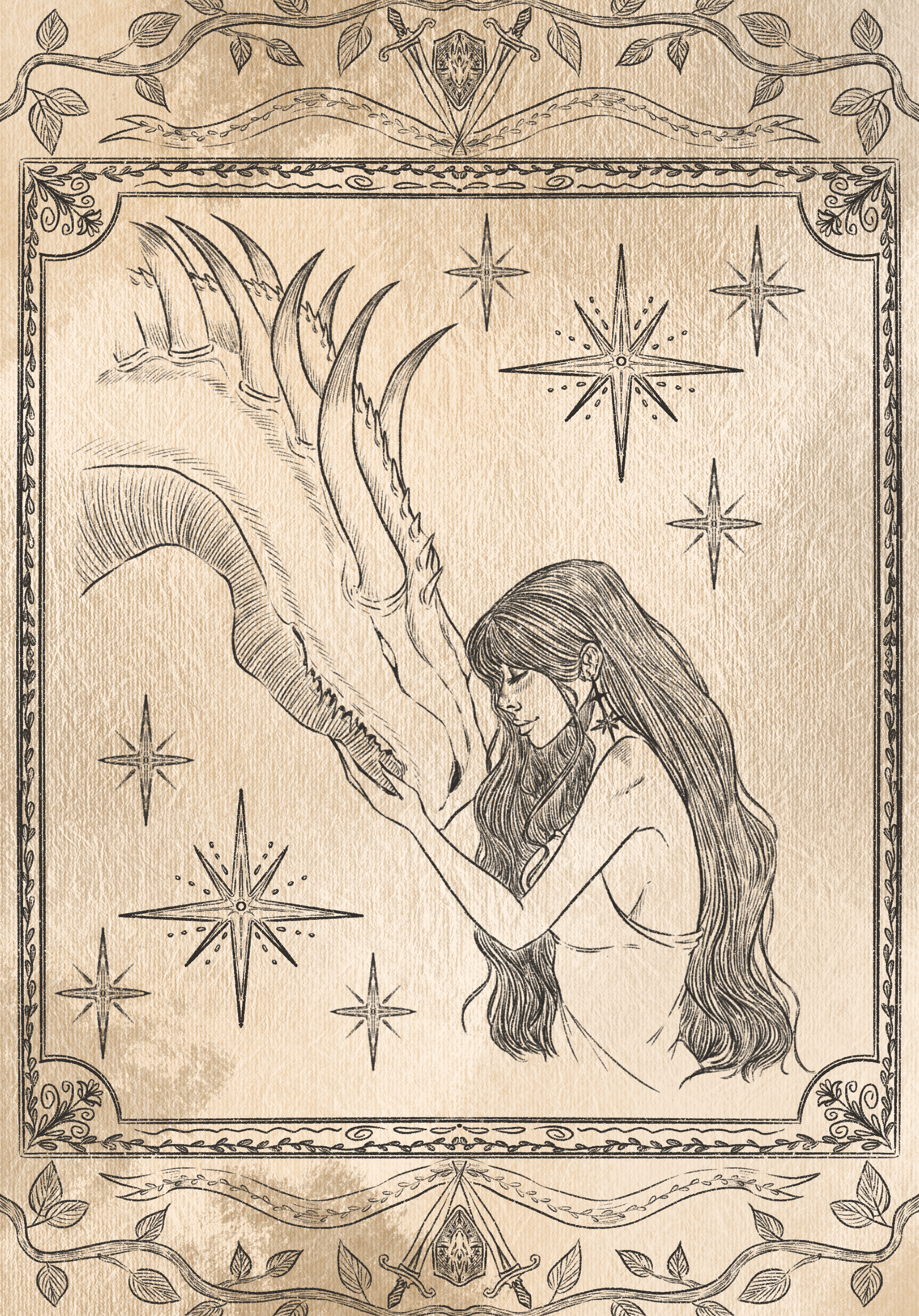Jeune femme et le dragon Poster style vieux papier