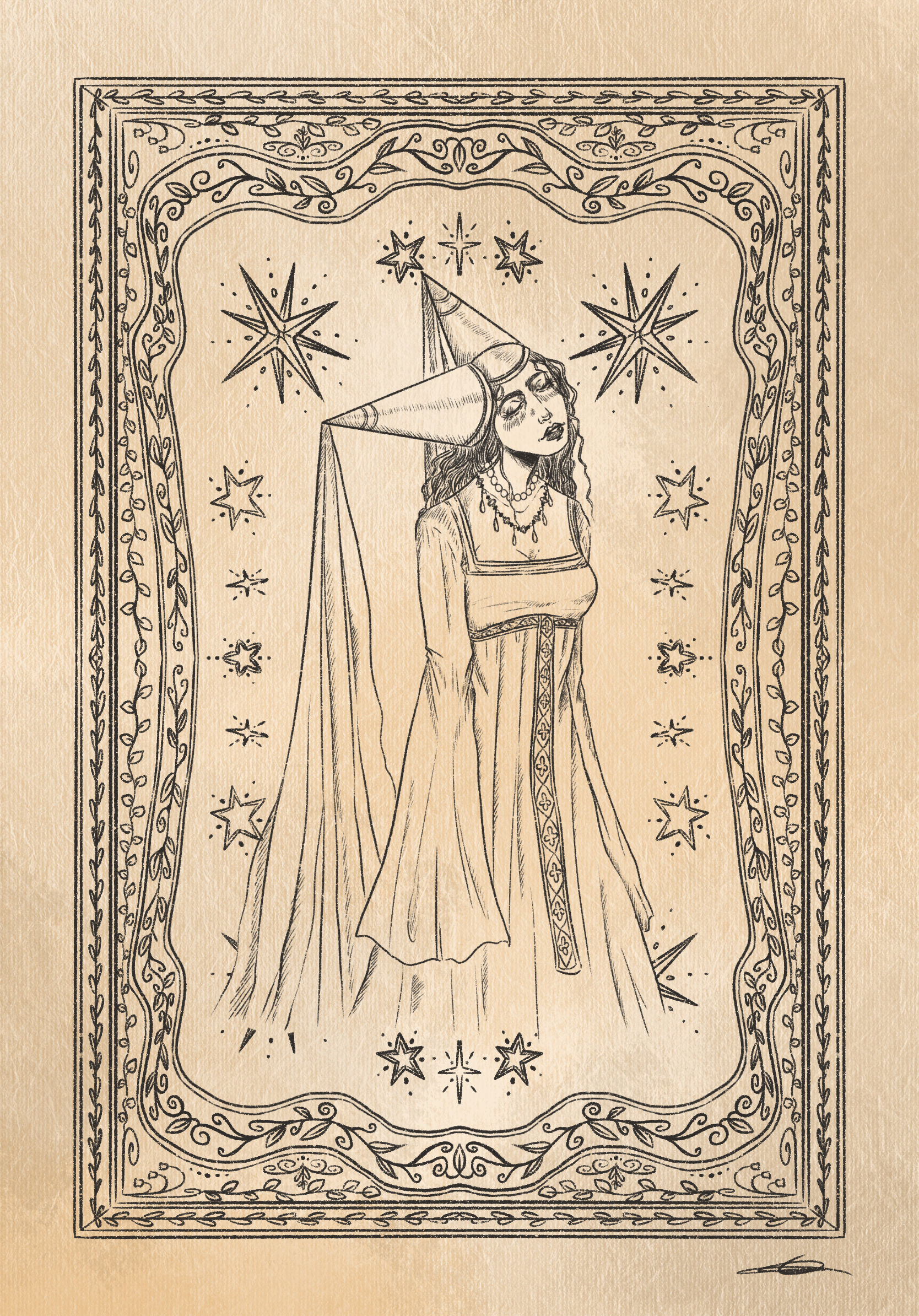 Jeune femme médiévale Poster style vieux papier