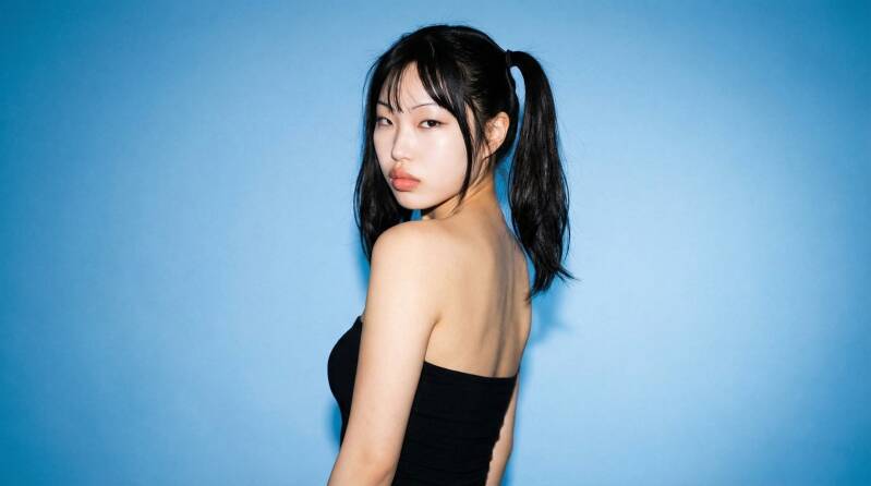 Music artist xp jang poses in a black tube top with high pigtails against a solid blue background.