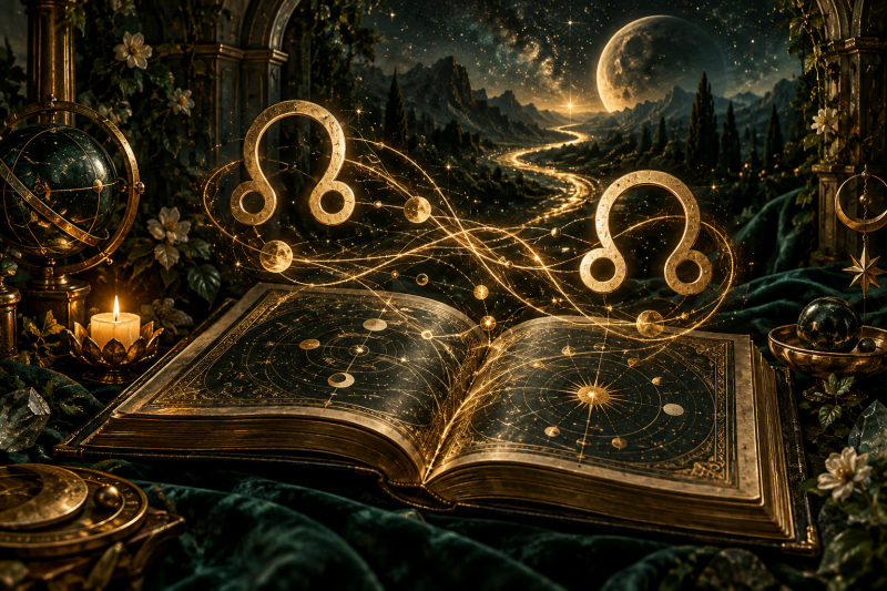 Goldenes astrologisches Buch mit Mondknoten und Sternen