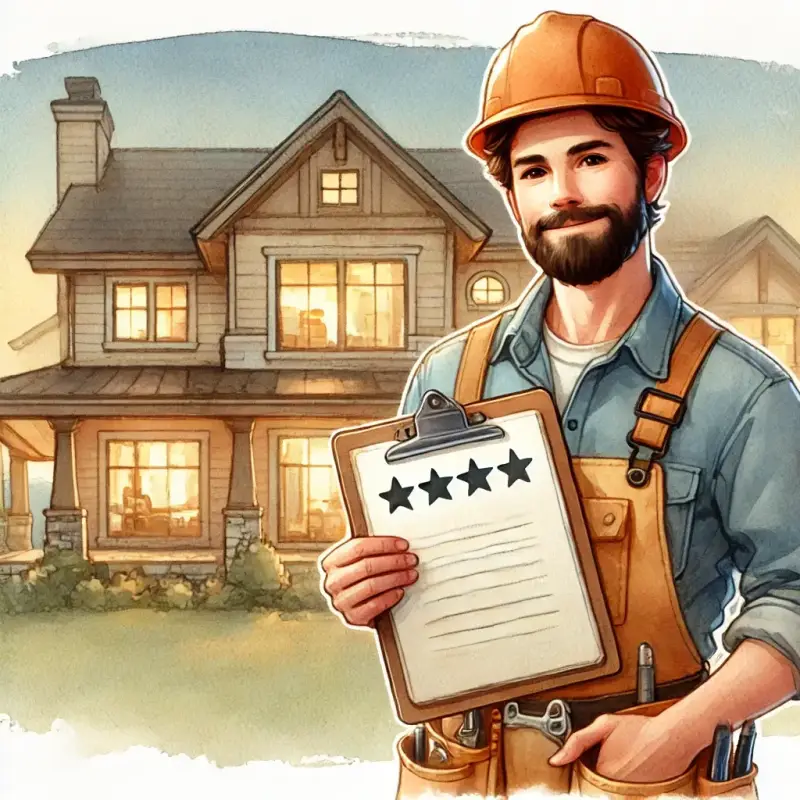 A watercolor illustration of a friendly builder with a hard hat holding customer reviews, with a renovated home in the background. Featured on BuilderMaster-Plus.