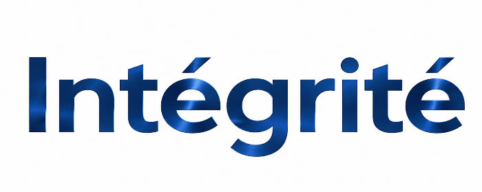 Mot “Intégrité” en design bleu métallique, symbolisant l’engagement de Ravensec envers l’honnêteté et l’éthique professionnelle