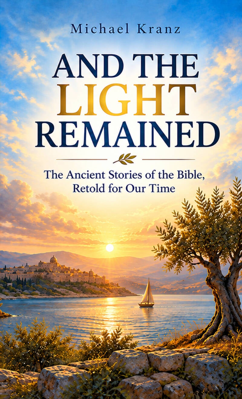 Book cover of AND THE LIGHT REMAINED: The Ancient Stories of the Bible, Retold for Our Time by Michael Kranz, featuring a golden sunset over a peaceful lake, a sailing boat and an olive tree.