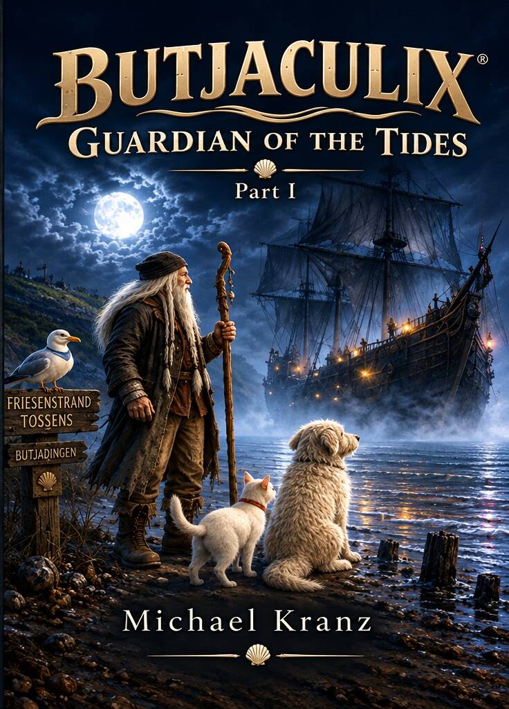 Book cover of BUTJACULIX: Guardian of the Tides, Part I by Michael Kranz, featuring a mysterious wizard, his animal companions and a magical ship on the North Sea coast.