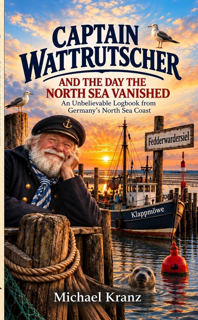 Book cover of Captain Wattrutscher and the Day the North Sea Vanished by Michael Kranz, featuring a humorous sea captain, his ship Klappmöwe and the fishing harbor of Fedderwardersiel, Germany.