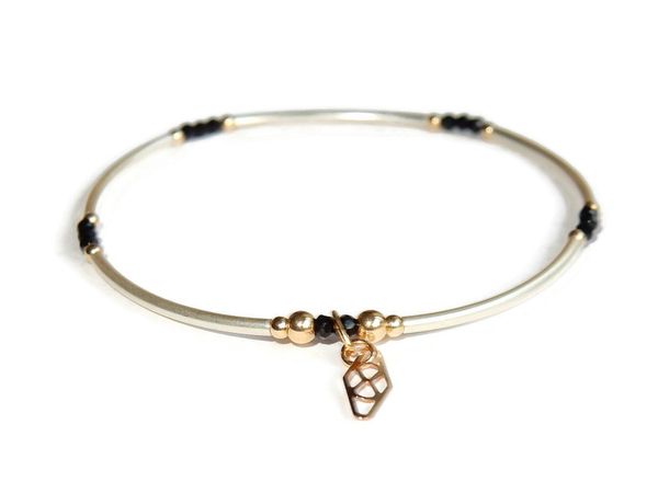 flexbracelet 2 mm silver & gold and black Spinel F3144