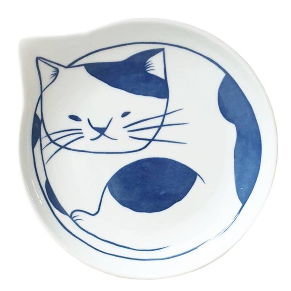 Bord/ schaal "Kat liggend" Wit- blauw