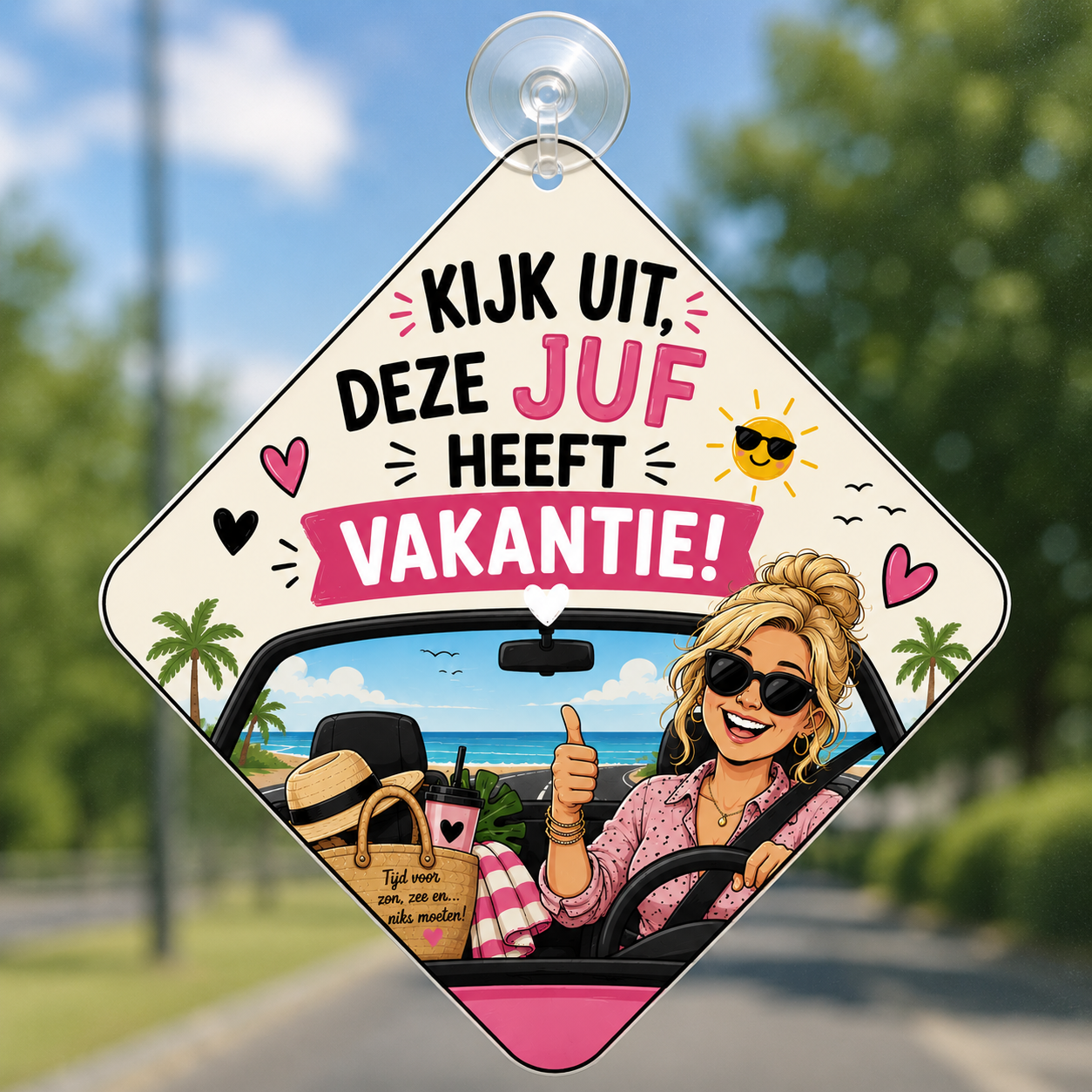 Autobordje | Kijk uit, deze juf heeft vakantie! (blond haar)