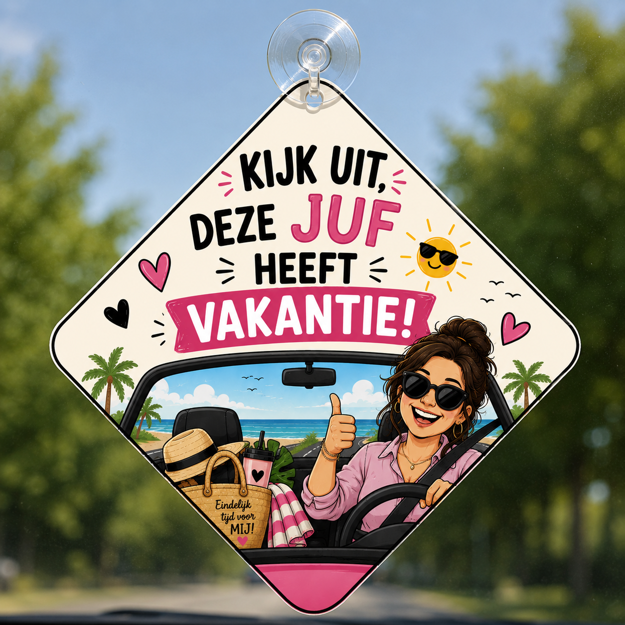 Autobordje | Kijk uit, deze juf heeft vakantie! (donker haar)