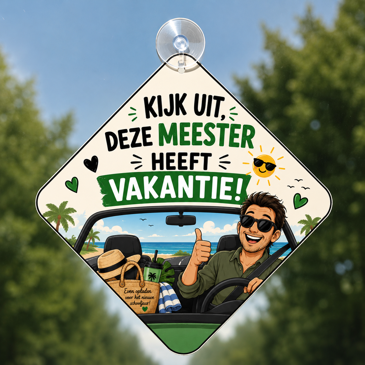 Autobordje | Kijk uit, deze meester heeft vakantie!