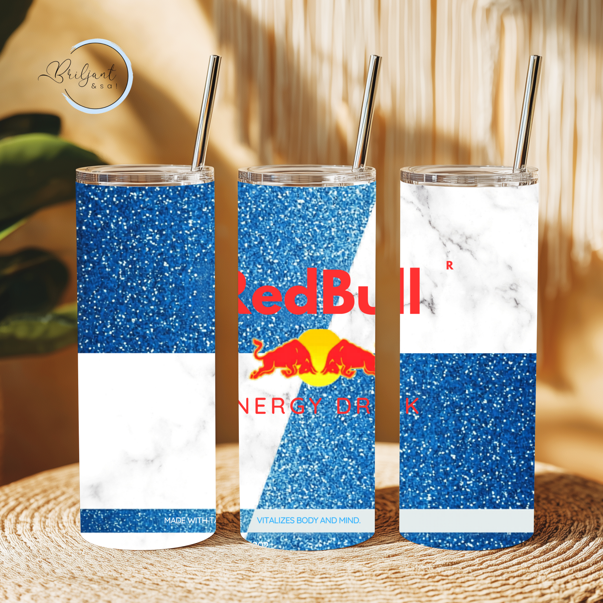 Tumbler | Redbull blauw met glitters en marmer