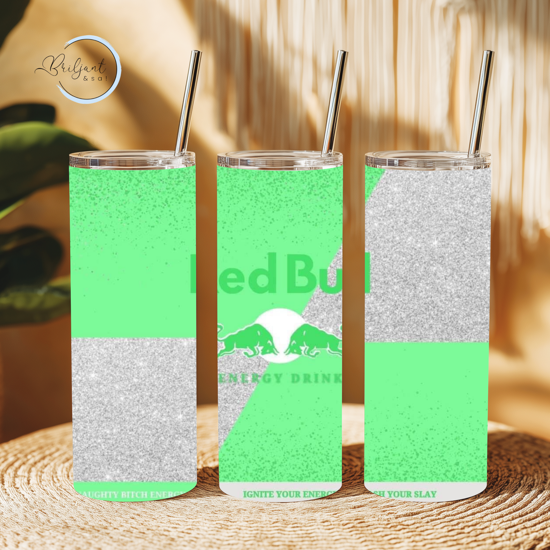 Tumbler | Redbull groen zilver met glitters