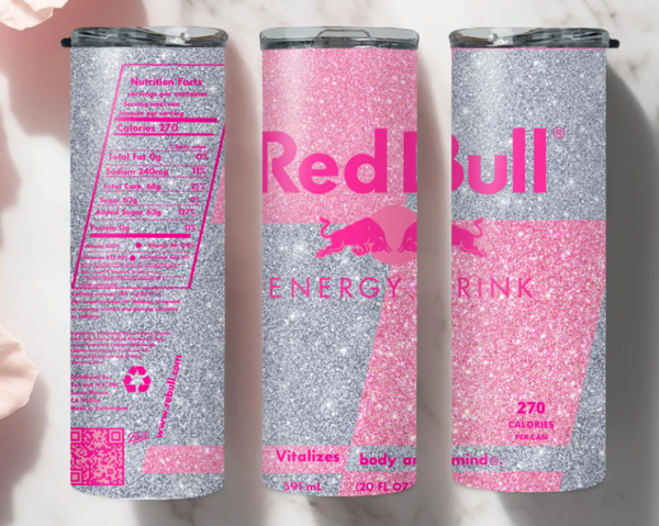 Red Bull Pink Glitter Steel Tumbler - Energy Drink Tumbler with Glitter Design
